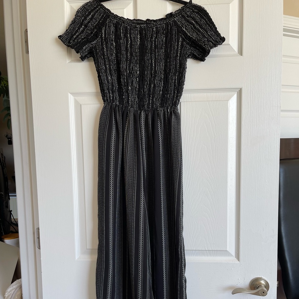 off the shoulder black & white jumpsuit